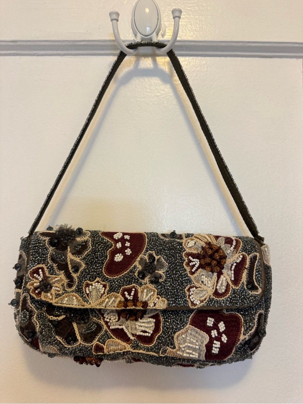 Zara Beaded Floral Embroidered Clutch in Black, Burgundy & Cream